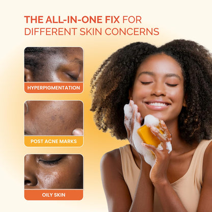 Woman applying Plantifique Turmeric & Kojic Acid Soap showing solutions for hyperpigmentation, post-acne marks, and oily skin.