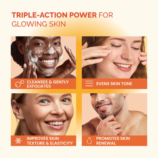 Plantifique Turmeric and Kojic Acid Soap benefits highlighting triple-action cleansing, exfoliation, and even skin tone.