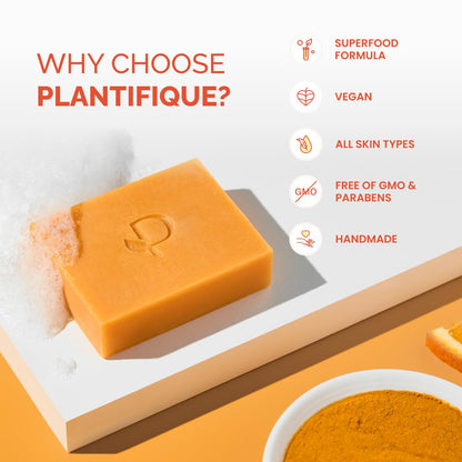 Why choose Plantifique Turmeric & Kojic Acid Soap featuring superfood formula, vegan ingredients, and all skin types benefits.