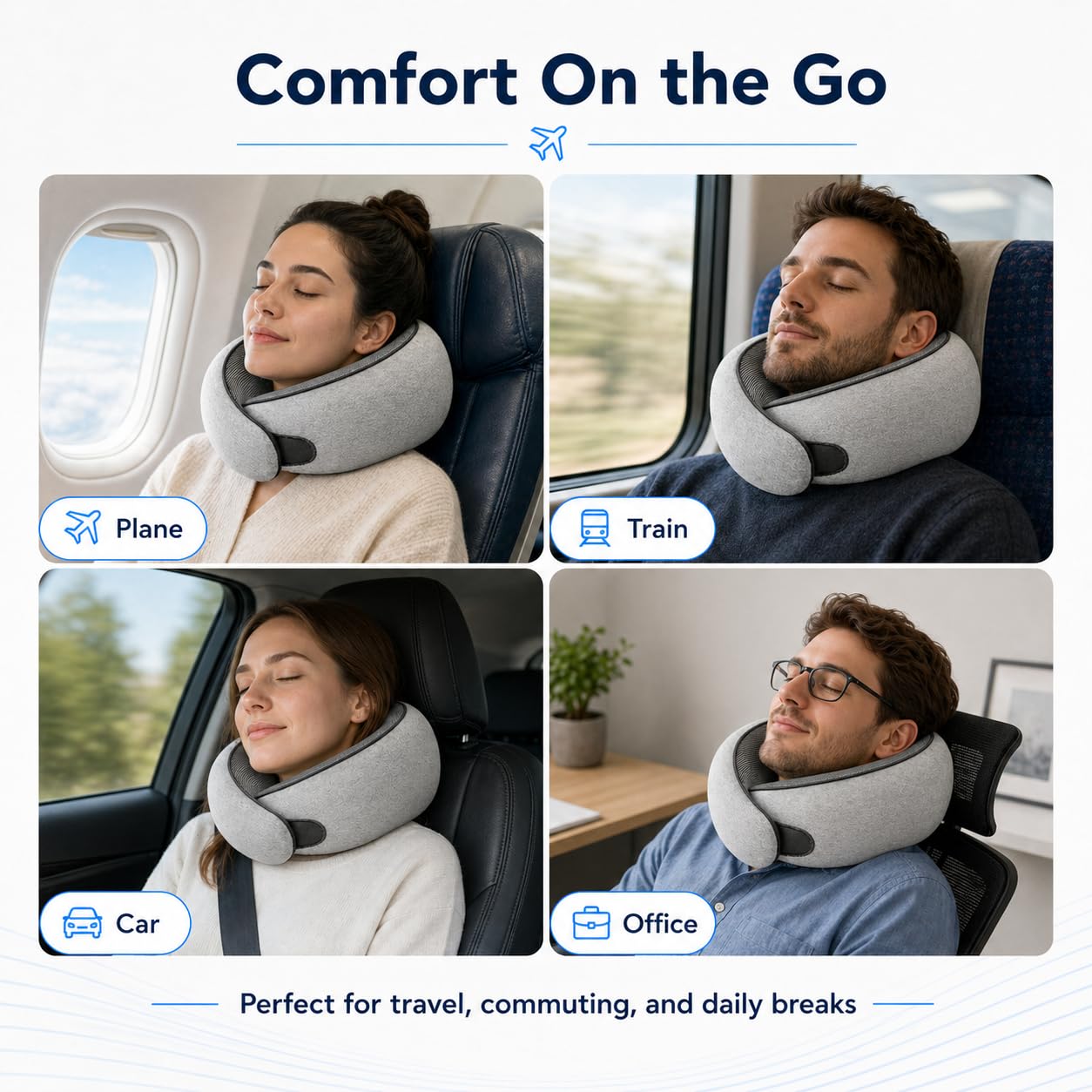 Four-panel collage showing Purroch travel neck pillow used in different scenarios: on a plane, on a train, in a car, and at an office desk, with the caption 'Perfect for travel, commuting, and daily breaks'