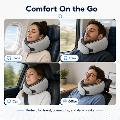 Four-panel collage showing Purroch travel neck pillow used in different scenarios: on a plane, on a train, in a car, and at an office desk, with the caption 'Perfect for travel, commuting, and daily breaks'
