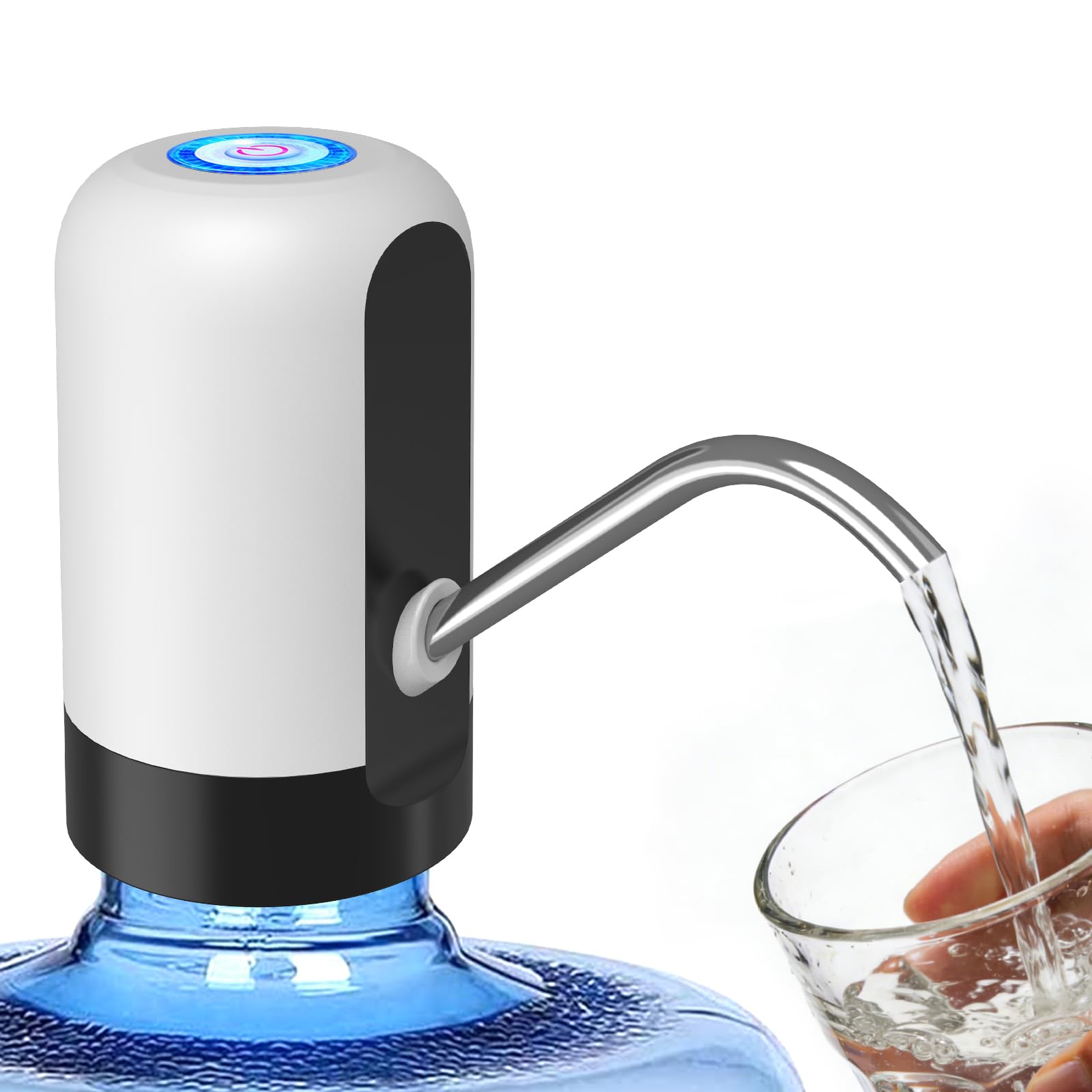A white and black electric water pump installed on a large blue water jug, with clear water being drawn into a glass held by a hand, against a white background