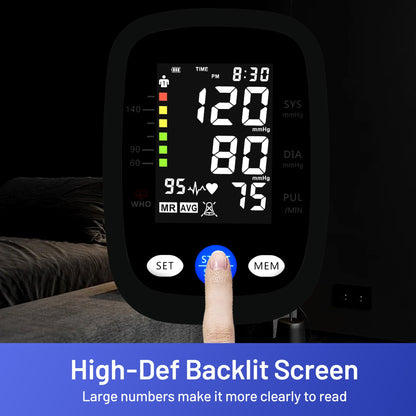 Close-up of the REDIVN blood pressure monitor showing the high-def backlit screen with large numbers and a finger pressing the start button