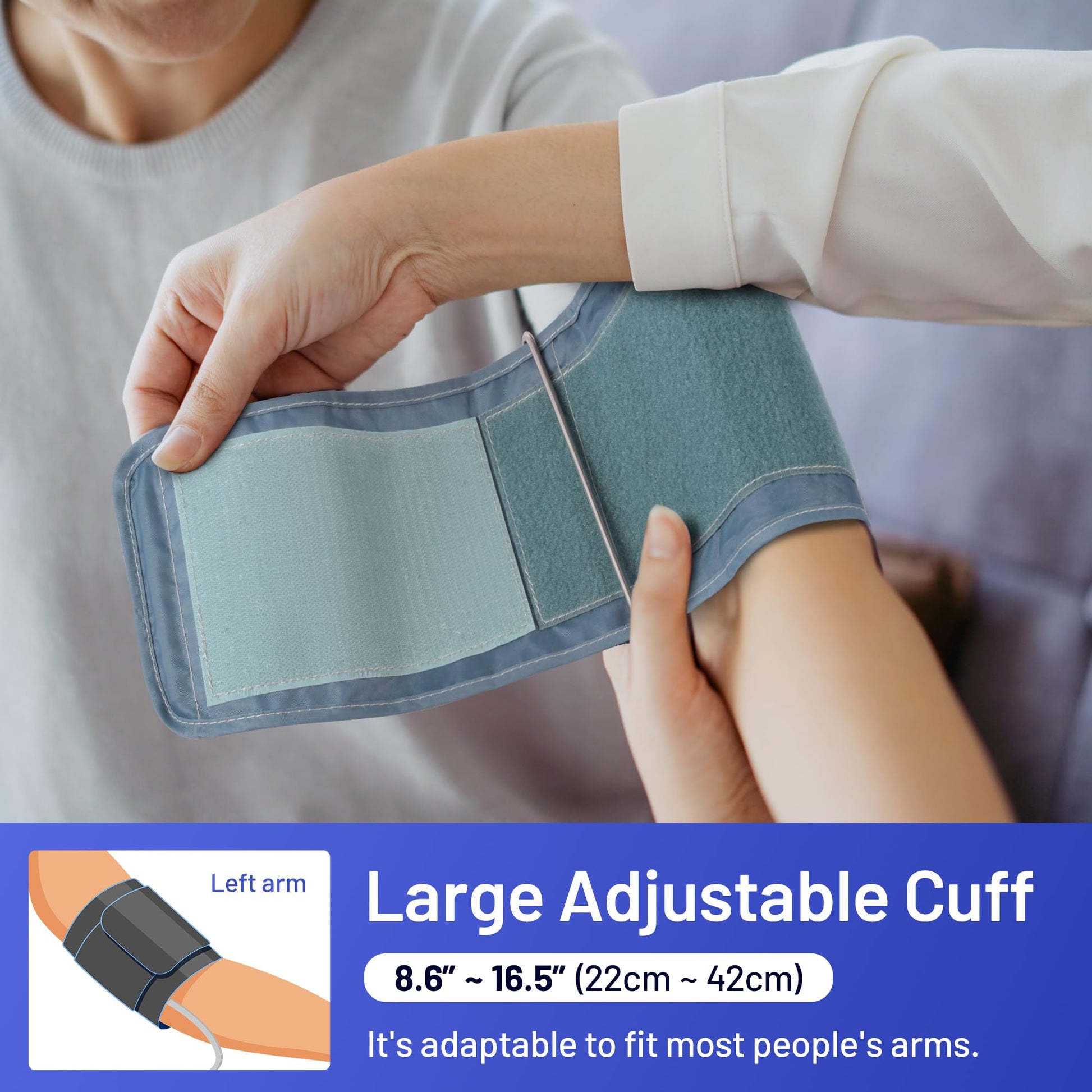 Close-up of a person putting on the large adjustable 22-42cm arm cuff with a graphic overlay displaying the sizing range