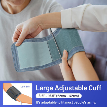 Close-up of a person putting on the large adjustable 22-42cm arm cuff with a graphic overlay displaying the sizing range