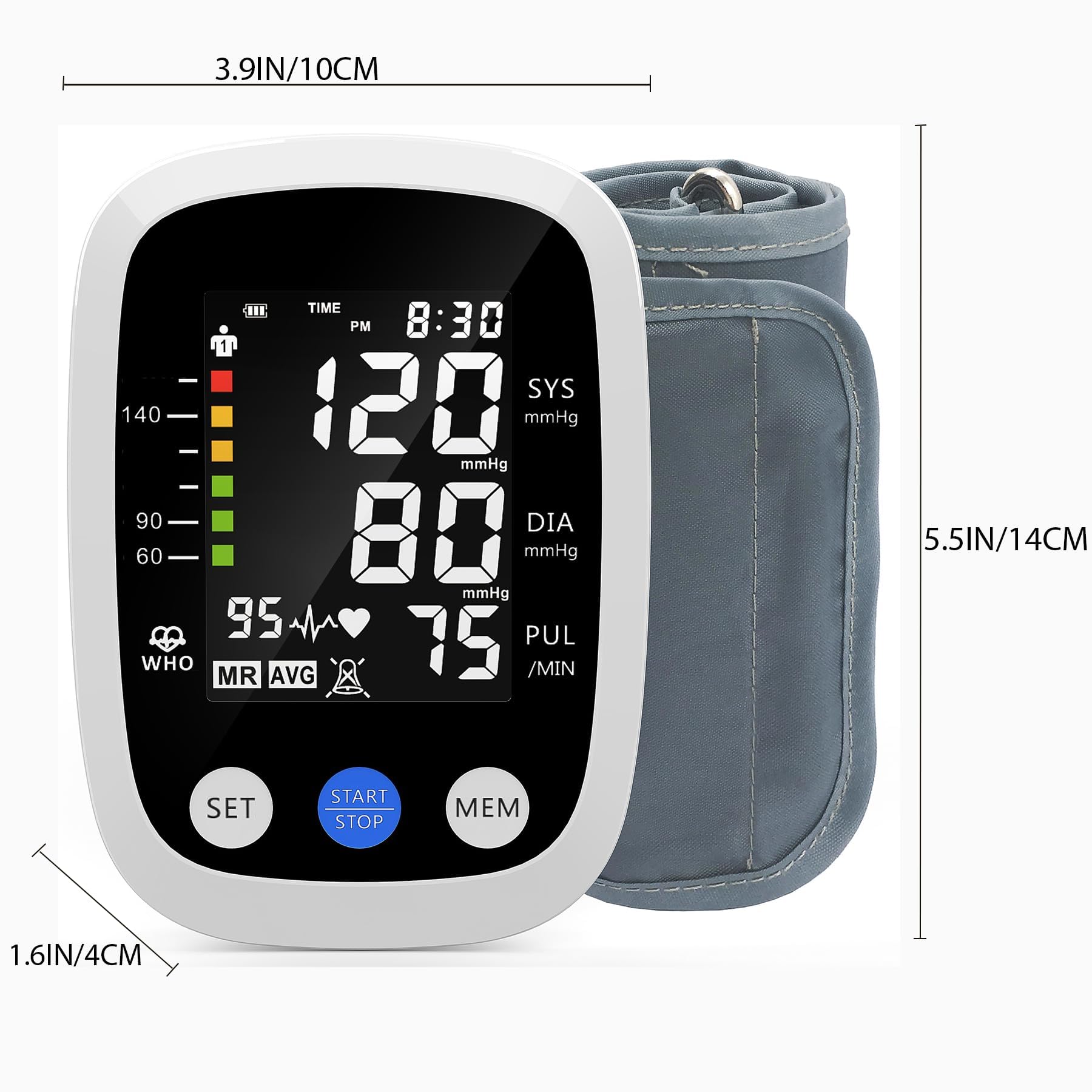 Dimension diagram of the REDIVN blood pressure monitor showing screen measurements (3.9in/10cm by 5.5in/14cm) and button placement.