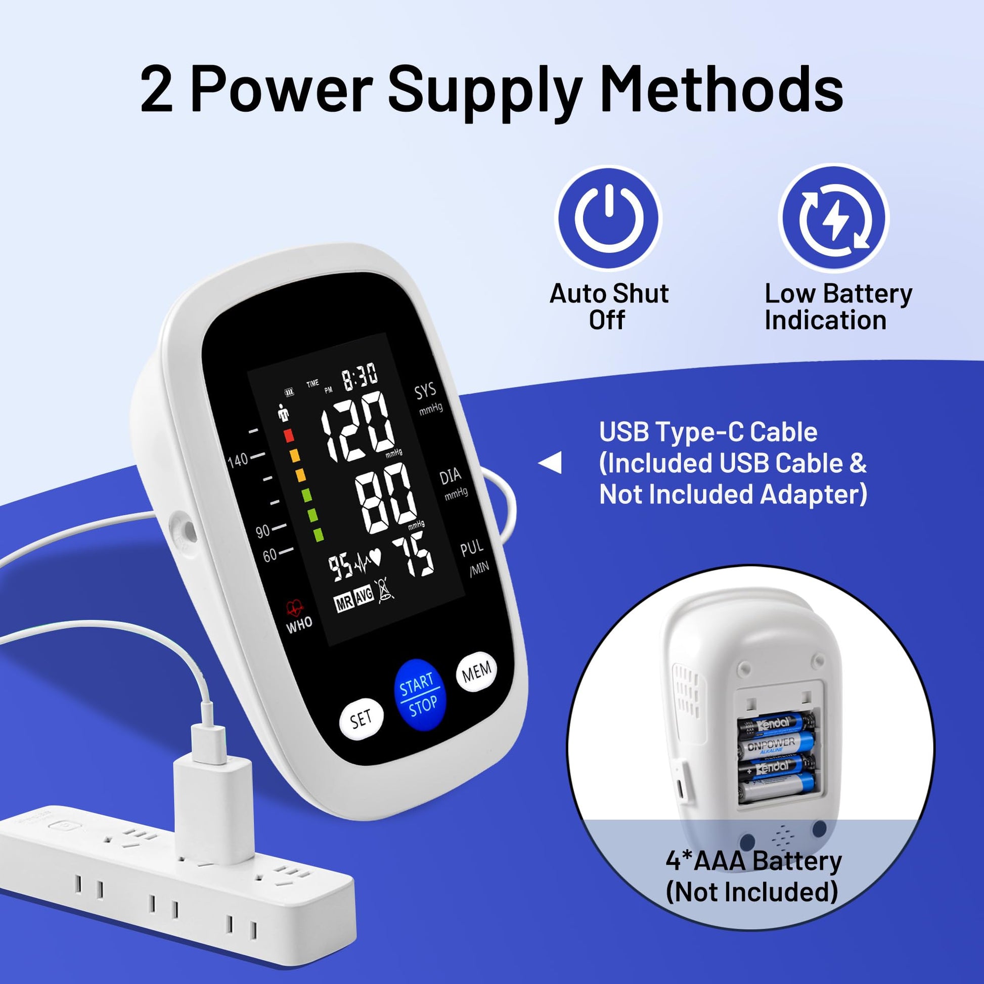Graphic illustration showing the two power supply methods: USB Type-C cable connection and 4 AAA battery compartment, along with auto shut-off and low battery indicators.