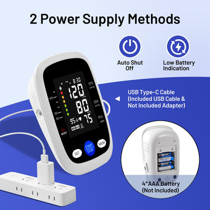 Graphic illustration showing the two power supply methods: USB Type-C cable connection and 4 AAA battery compartment, along with auto shut-off and low battery indicators.