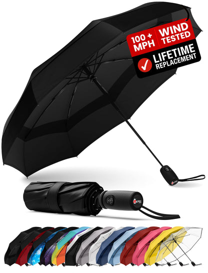 Black compact travel umbrella shown open with 100+ MPH wind-tested canopy.
