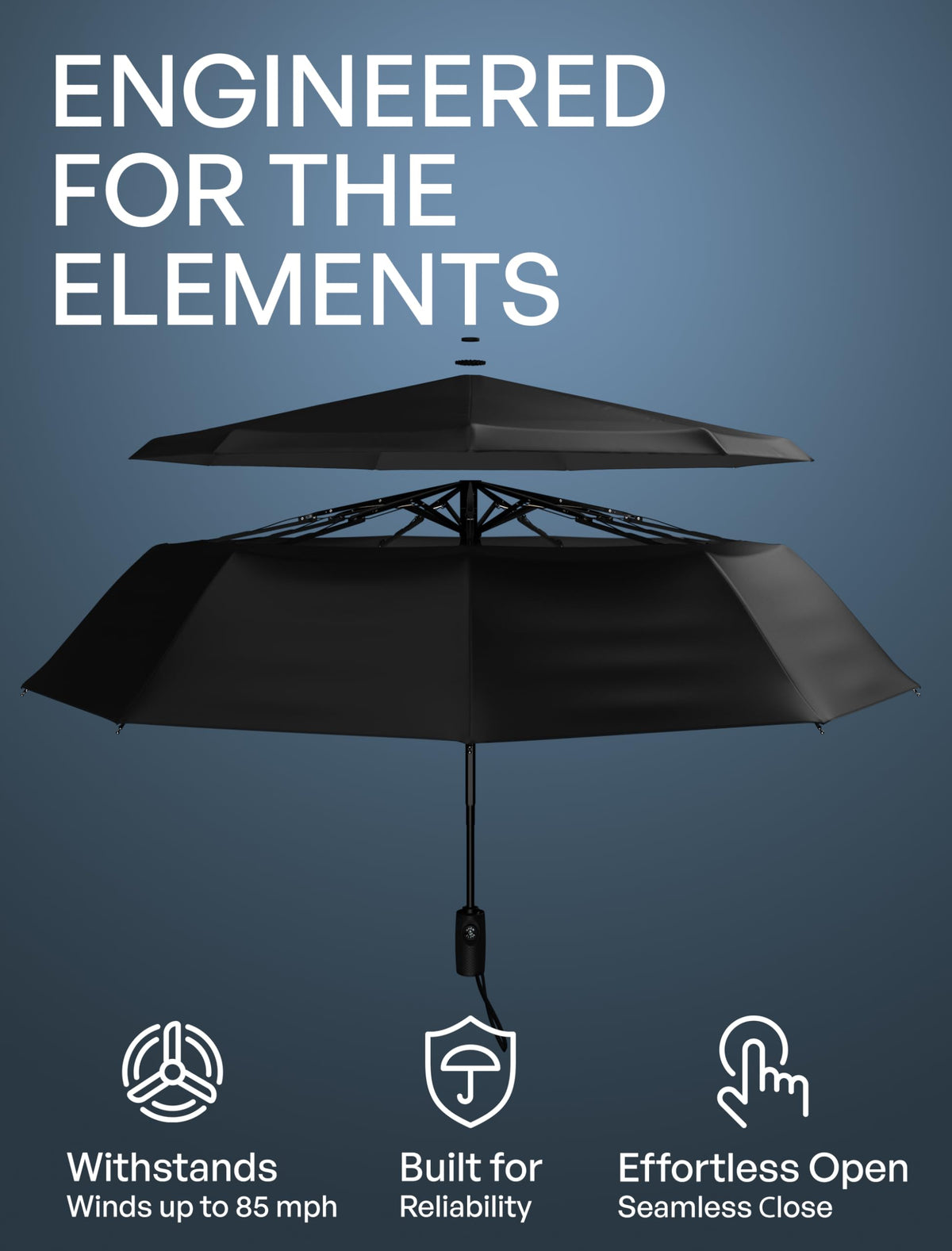 Black open Repel Windproof Travel Umbrella against a dark backdrop with "Engineered for the Elements" text overlay and feature icons at the bottom.