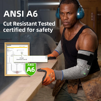 Man in workshop wearing grey Schwer ANSI A6 cut-resistant sleeves and protective gloves, next to an Intertek safety certification document and text highlighting ANSI A6 cut resistance testing.