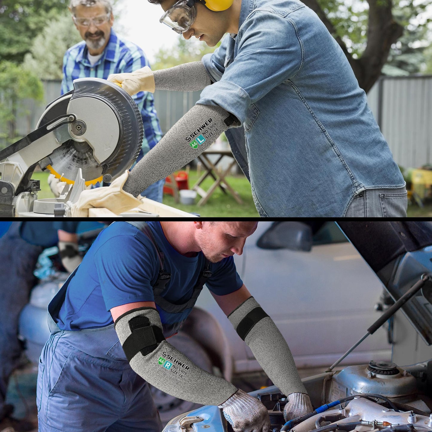 Man wearing blue work shirt and grey Schwer PRO-SKIN ANSI A6 Cut Resistant Sleeves while working on a car engine under the hood in a mechanic garage.