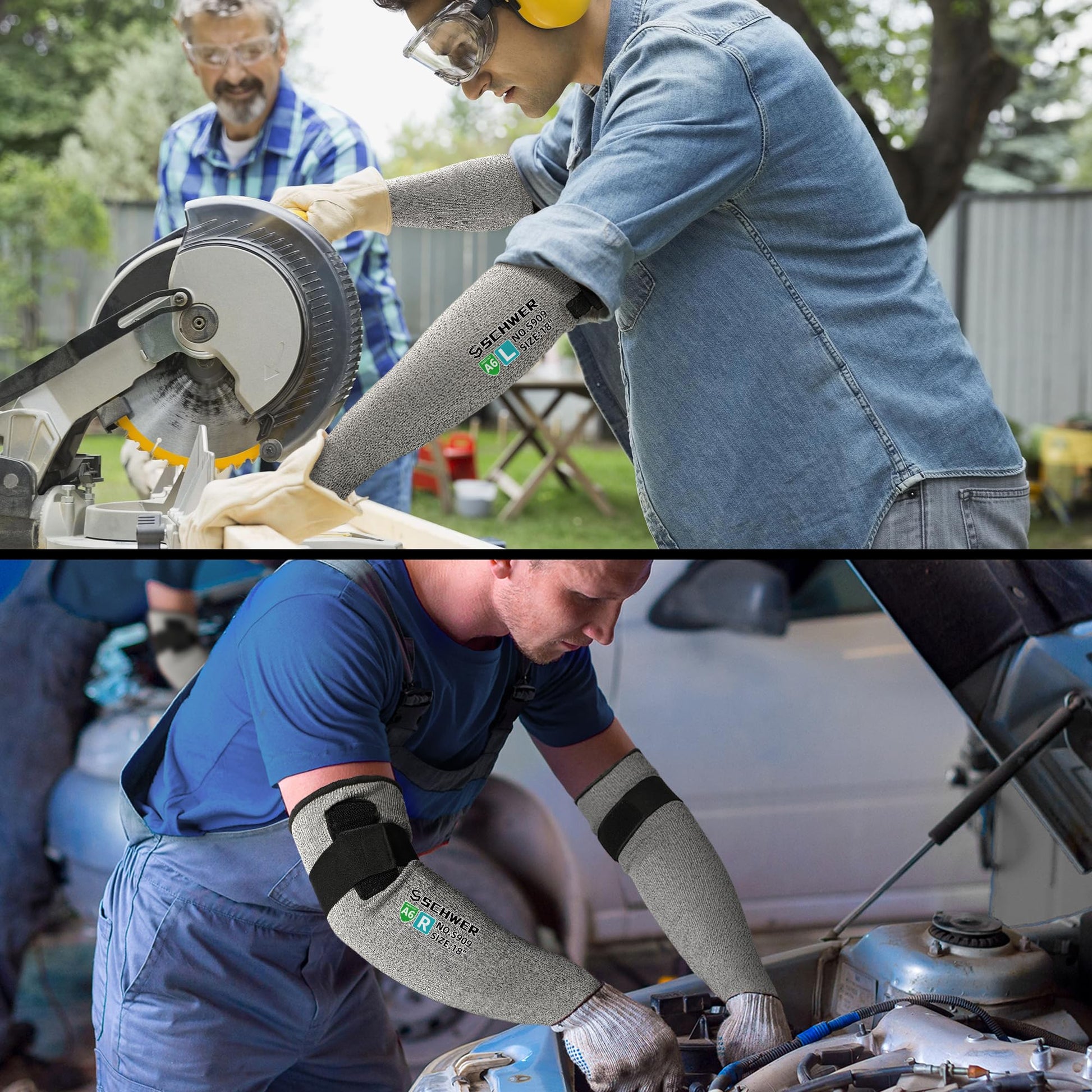 Man wearing blue work shirt and grey Schwer PRO-SKIN ANSI A6 Cut Resistant Sleeves while working on a car engine under the hood in a mechanic garage.
