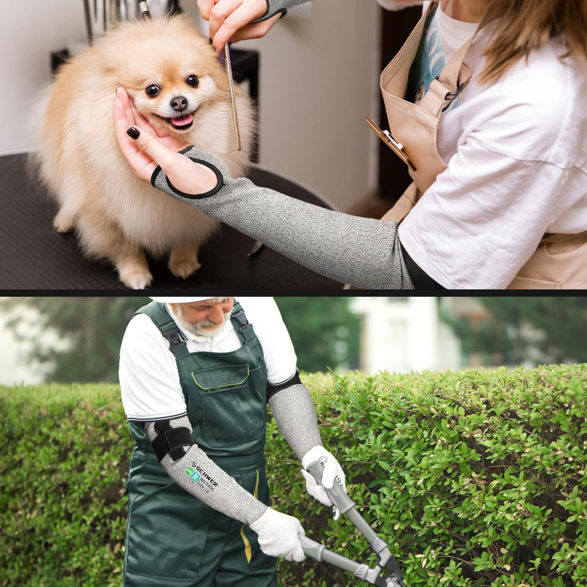 Woman wearing grey Schwer ANSI A6 cut-resistant sleeves and a tan apron while gently grooming a small white Pomeranian dog on a grooming table.