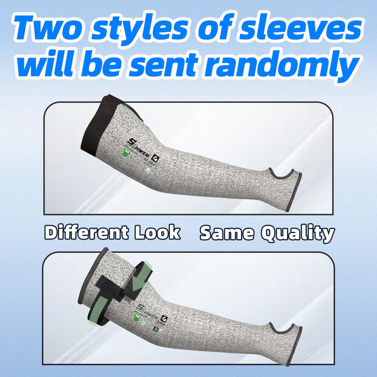 Product image showing two style variations of Schwer ANSI A6 cut-resistant sleeves on a light blue background, with text noting styles will be sent randomly.