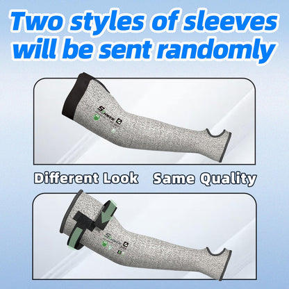 Product image showing two style variations of Schwer ANSI A6 cut-resistant sleeves on a light blue background, with text noting styles will be sent randomly.