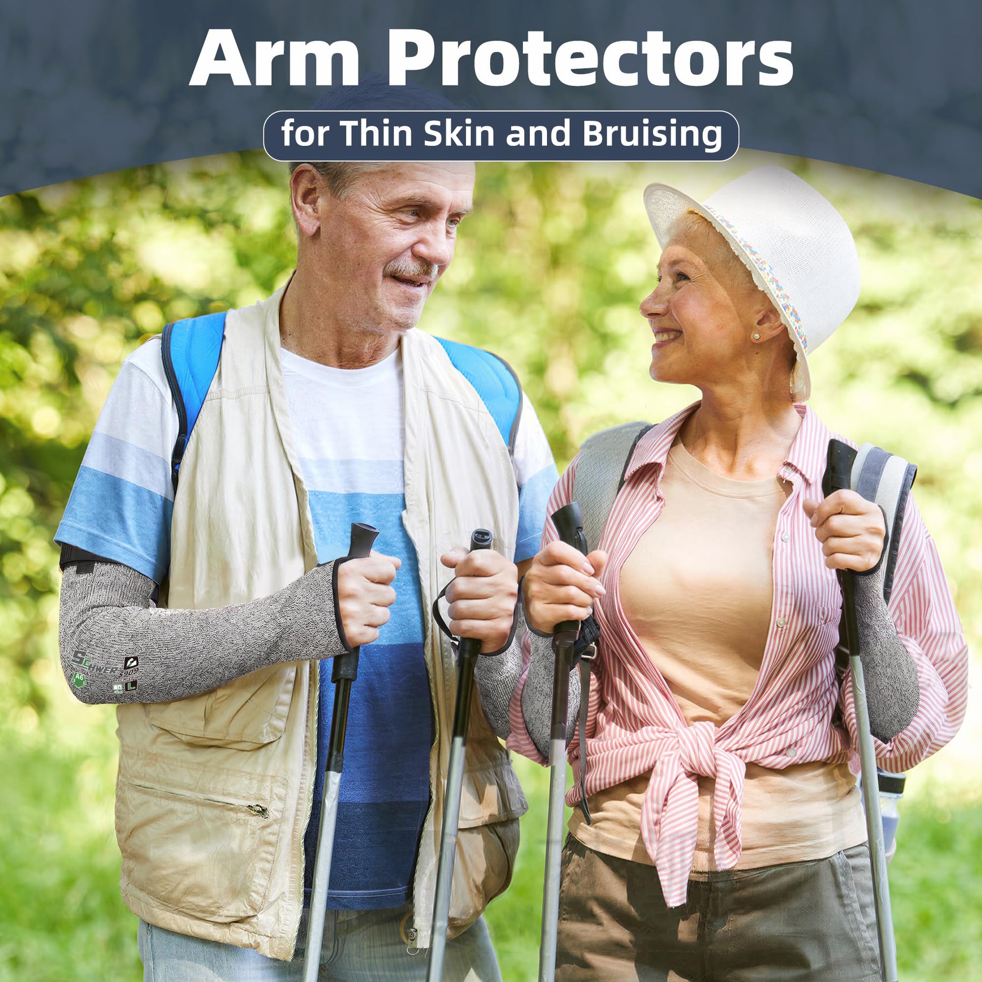 Elderly couple walking outdoors in a park wearing grey Schwer ANSI A6 cut-resistant arm protectors, highlighted as arm protectors for thin skin and bruising.