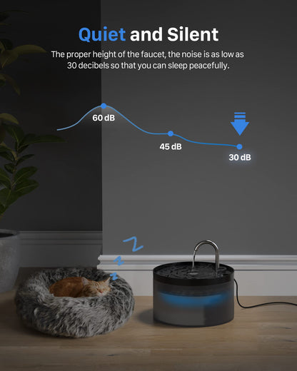 Faucet with noise level indicator next to a pet bed, showing a quiet operation.