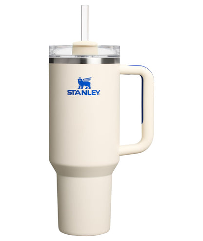 Stanley Quencher H2.0 Tumbler 40 oz in Cream Royal front view with handle and straw