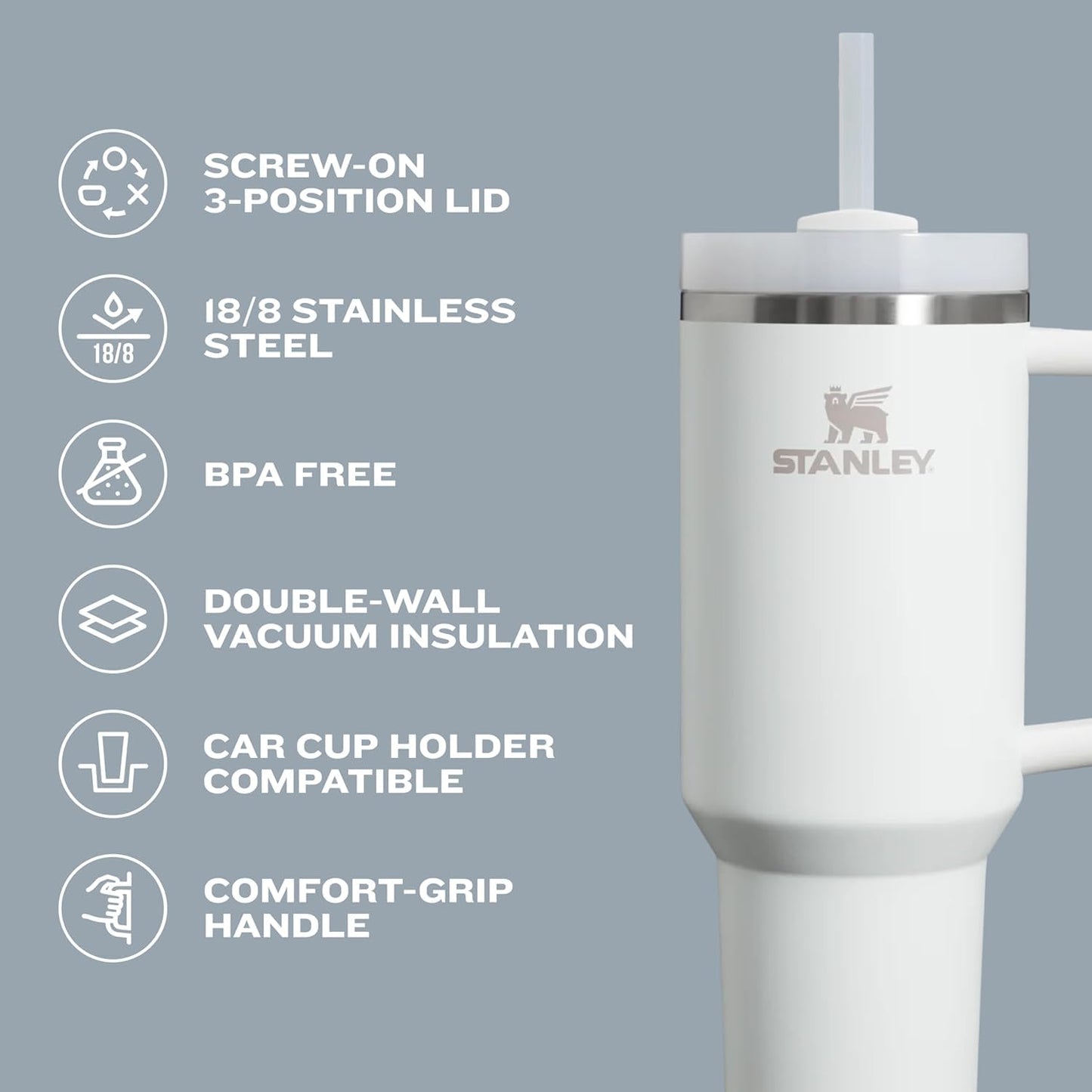 White Stanley tumbler with features listed on a gray background