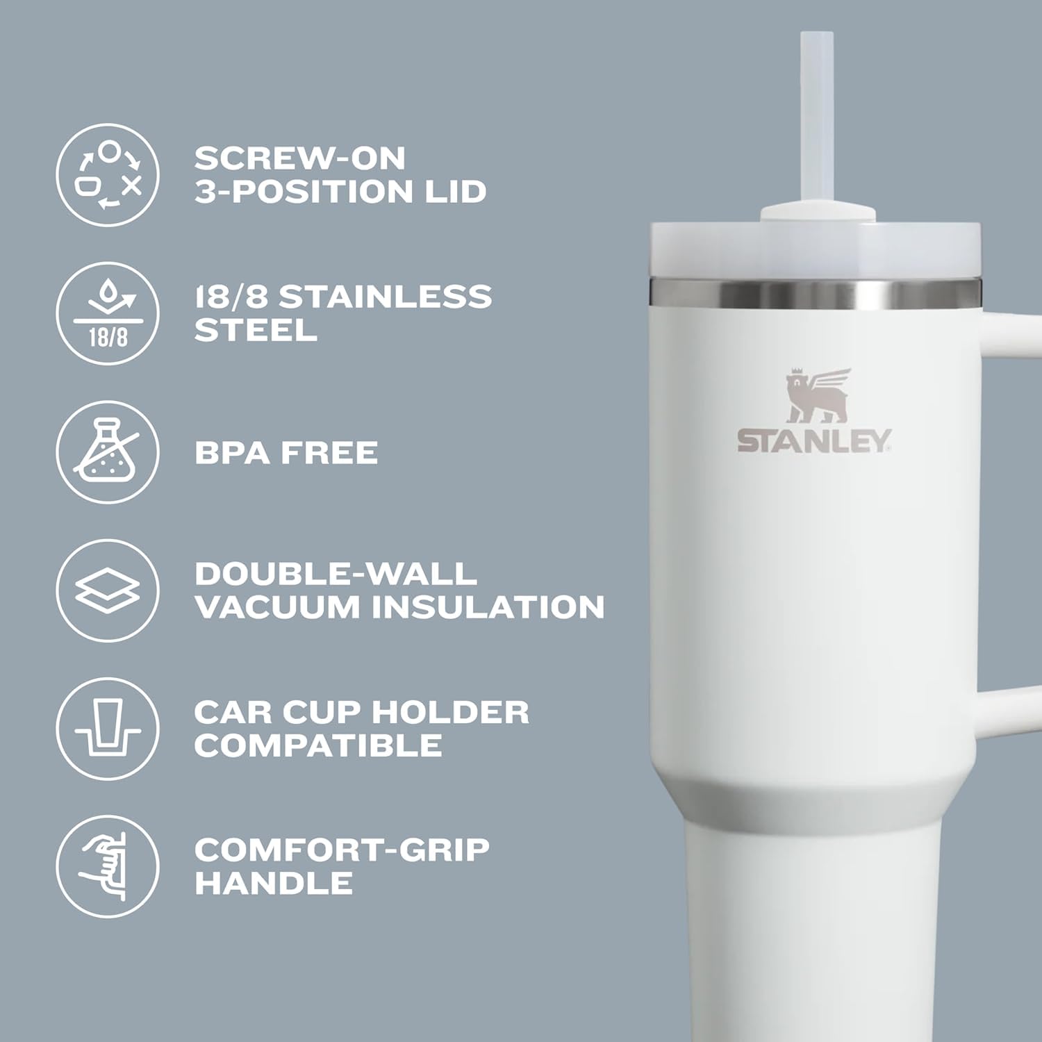 White Stanley tumbler with features listed on a gray background