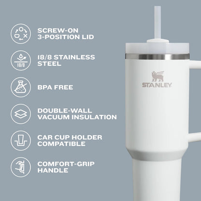 White Stanley tumbler with features listed on a gray background