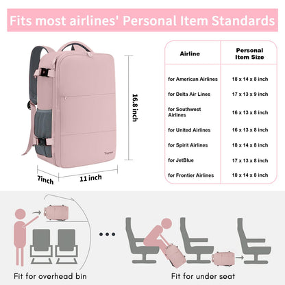 Pink backpack with dimensions and airline compatibility chart on a pink background showing personal item sizes for major airlines.