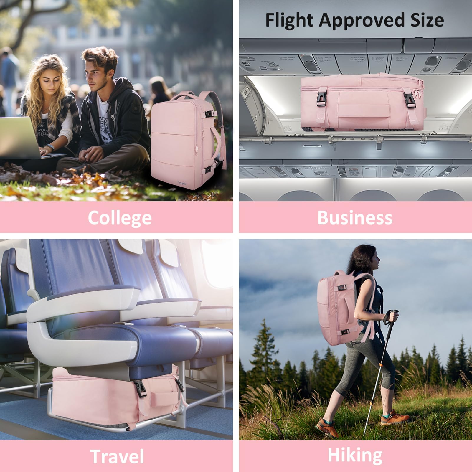 Four-panel lifestyle image showcasing the pink Taygeer travel backpack used for college, business trips, air travel, and outdoor hiking.