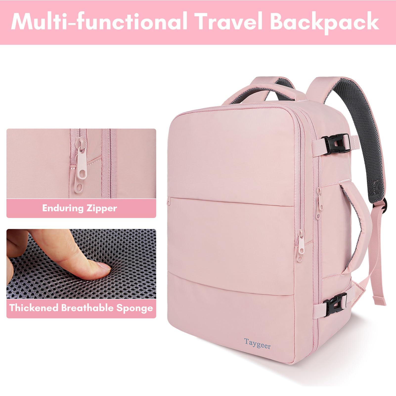 Detailed view of the pink Taygeer travel backpack showing the enduring zipper close-up and thickened breathable sponge padding on the shoulder straps and back panel.