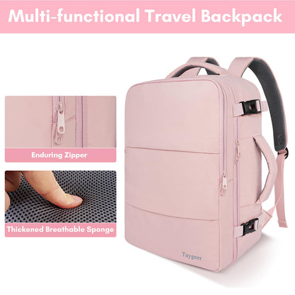 Detailed view of the pink Taygeer travel backpack showing the enduring zipper close-up and thickened breathable sponge padding on the shoulder straps and back panel.