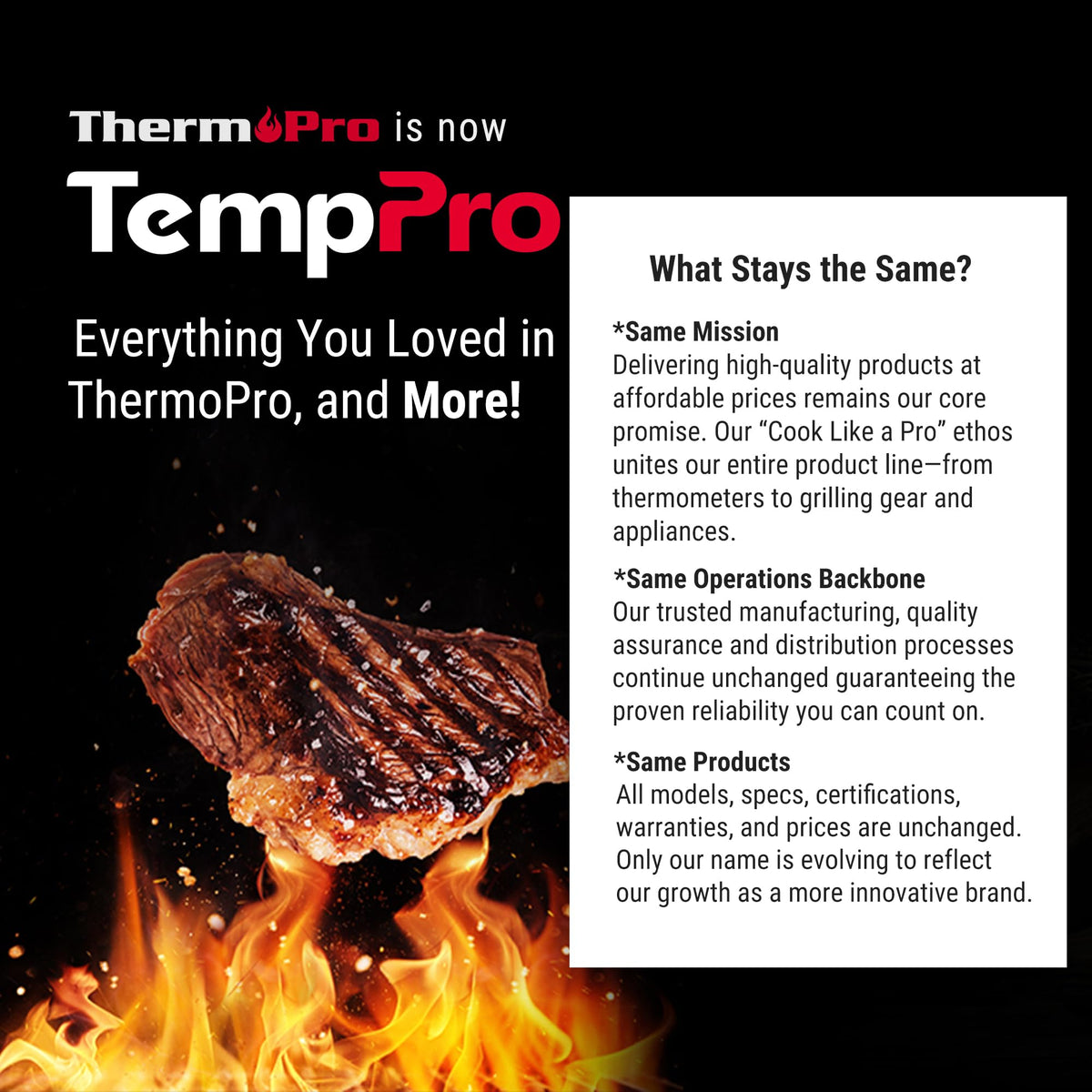 Brand transition announcement showing ThermoPro is now TempPro with a grilled steak image and company mission details