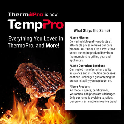 Brand transition announcement showing ThermoPro is now TempPro with a grilled steak image and company mission details