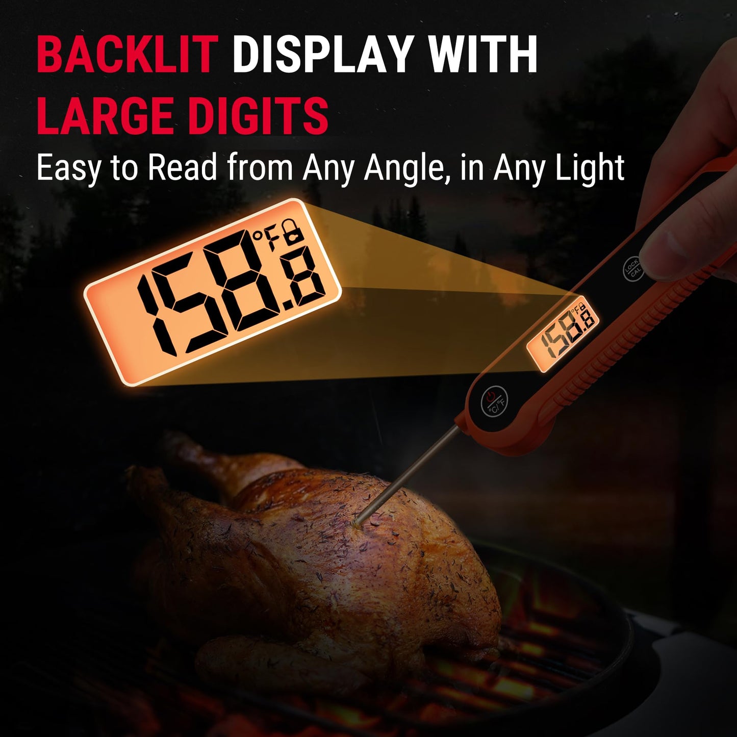 TempPro digital instant-read meat thermometer measuring a roasted chicken with a magnified backlit LCD screen showing the temperature