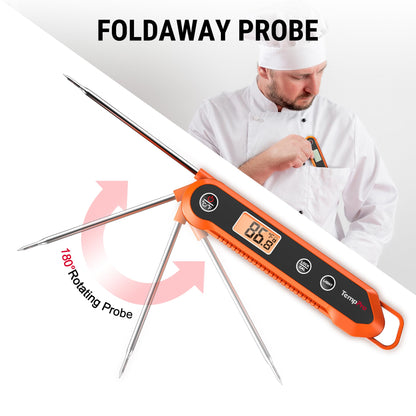 TempPro digital instant-read meat thermometer showing the 180-degree rotating foldaway stainless steel probe with a chef in the background