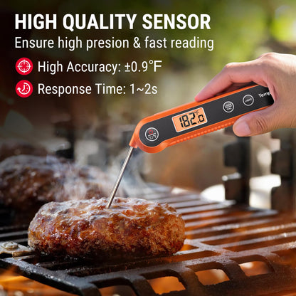 TempPro instant-read meat thermometer measuring a juicy burger on a grill with text highlighting high accuracy and a 1-second response time