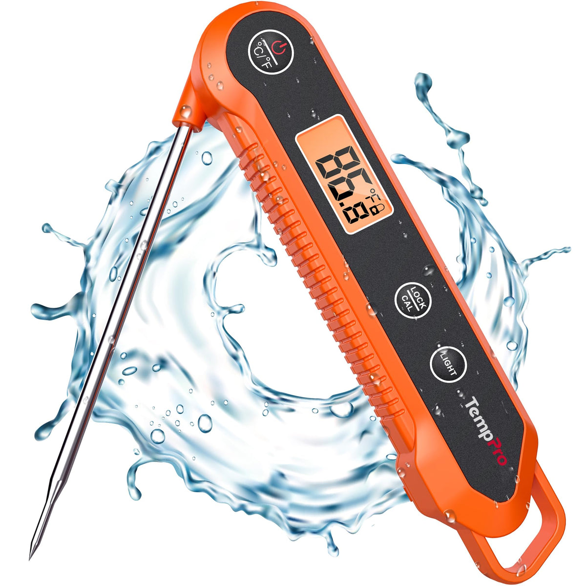 TempPro instant-read meat thermometer in its retail box packaging with features listed like 1-second reading and waterproof design