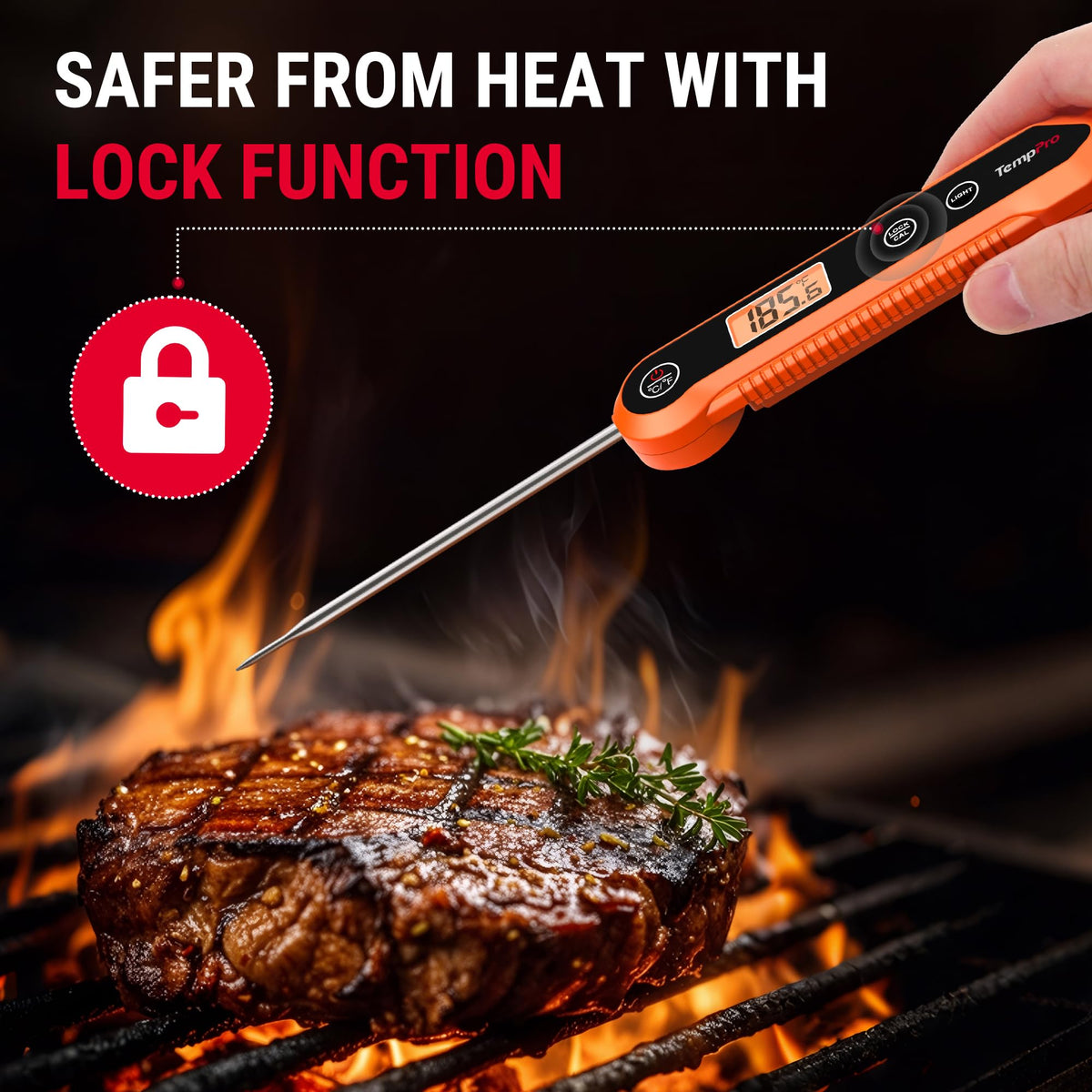 TempPro digital meat thermometer with lock function measuring a grilled steak