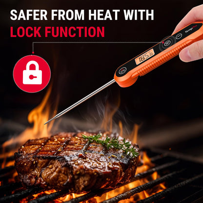 TempPro digital meat thermometer with lock function measuring a grilled steak