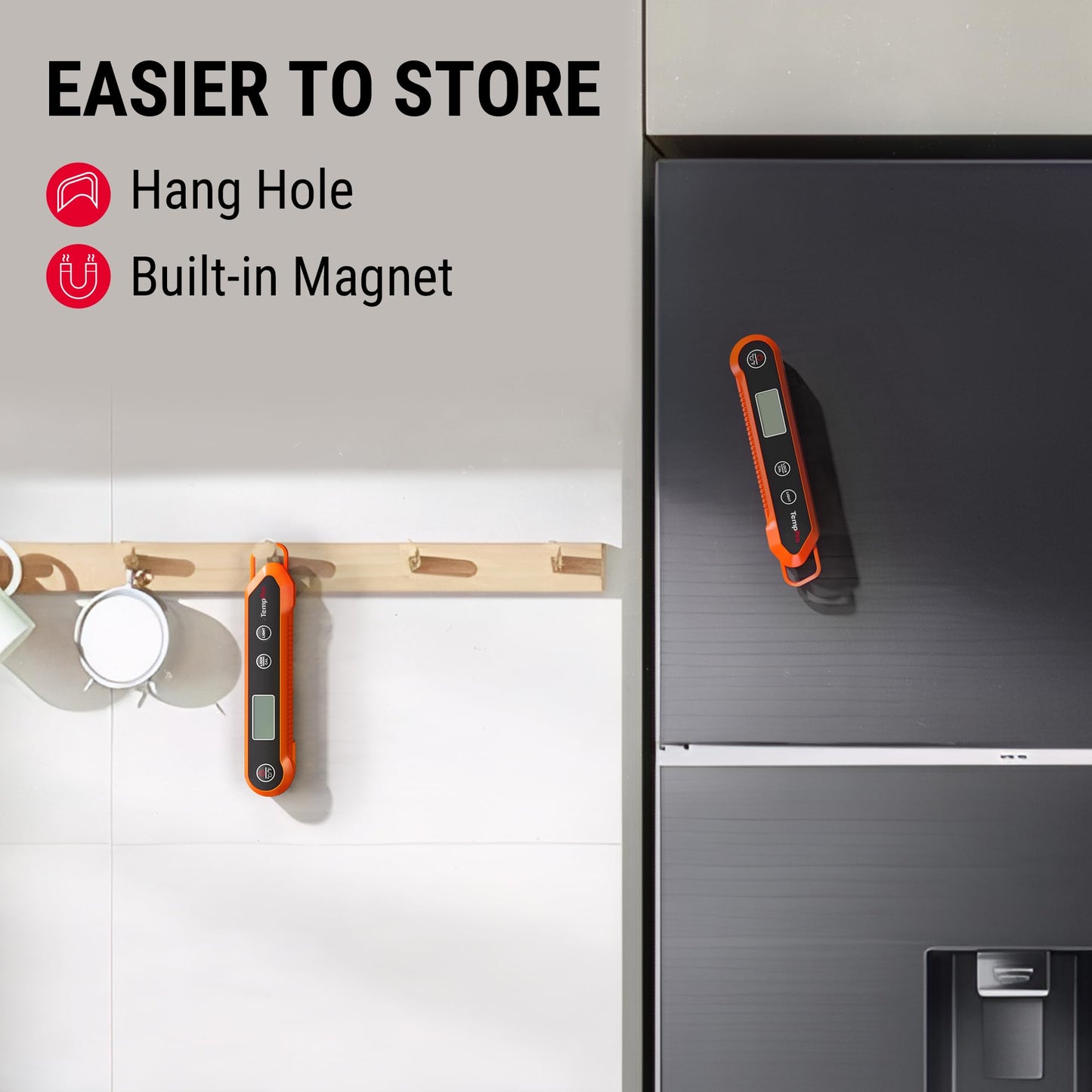 TempPro instant-read meat thermometer showing storage features including a hang hole on a wooden rack and a built-il magnet attached to a refrigerator