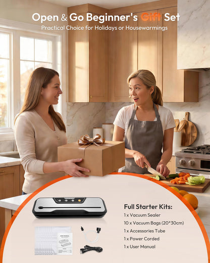 Toprime Vacuum Sealer Beginner Gift Set with complete starter kit including bags, accessories tube, and manual.