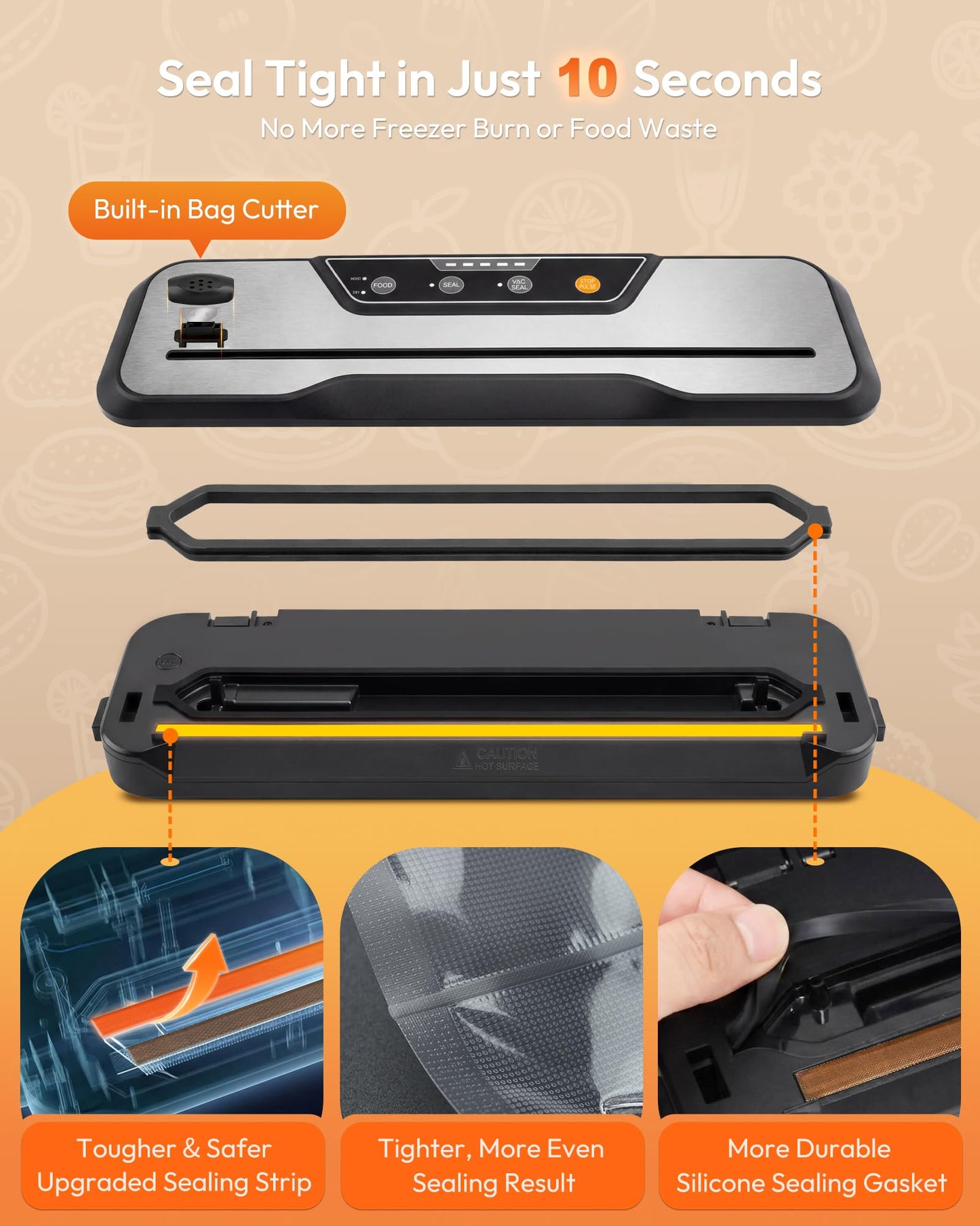 Toprime Vacuum Sealer exploded view showing built-in cutter, reinforced sealing strip, and silicone gasket components.