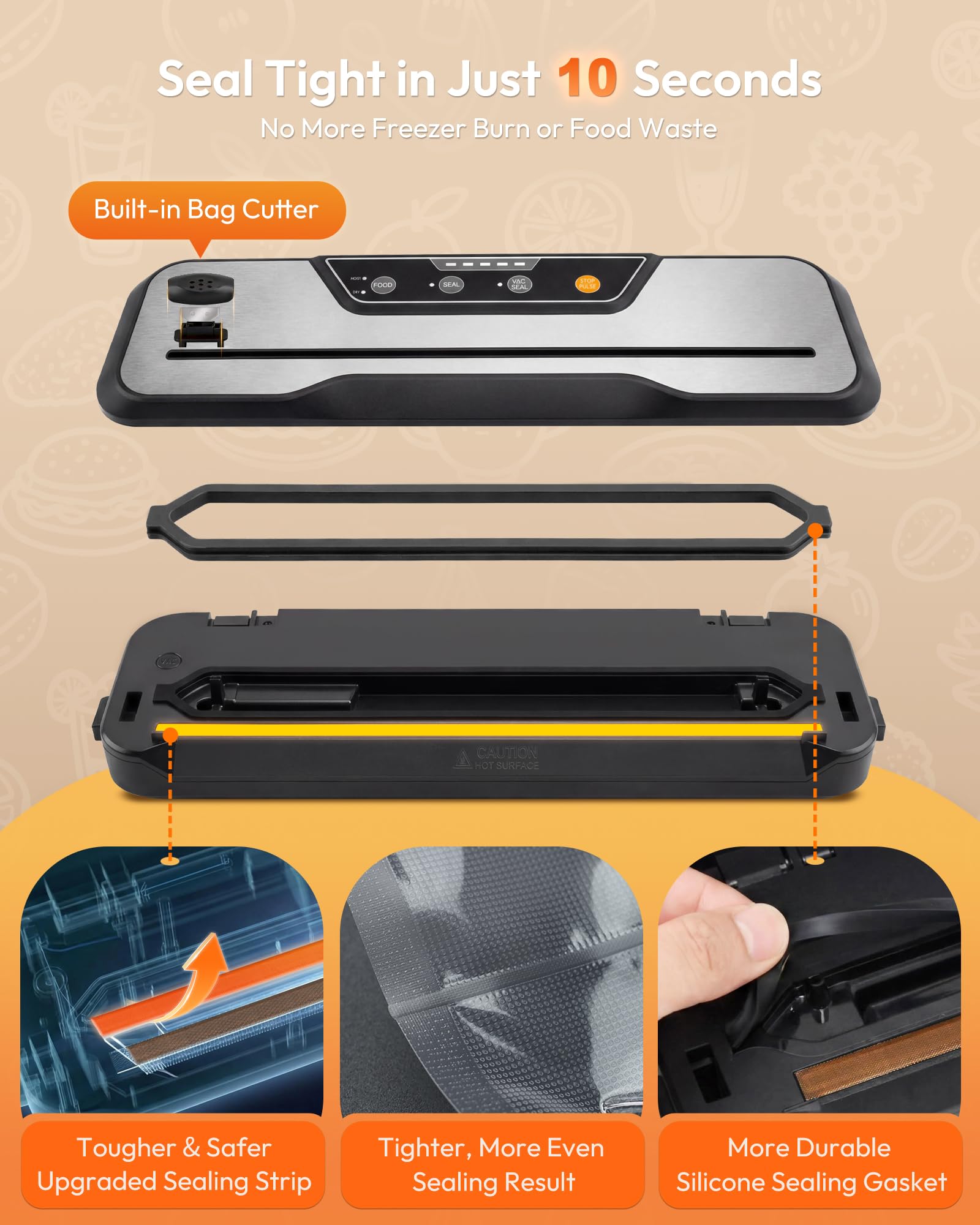Toprime Vacuum Sealer exploded view showing built-in cutter, reinforced sealing strip, and silicone gasket components.