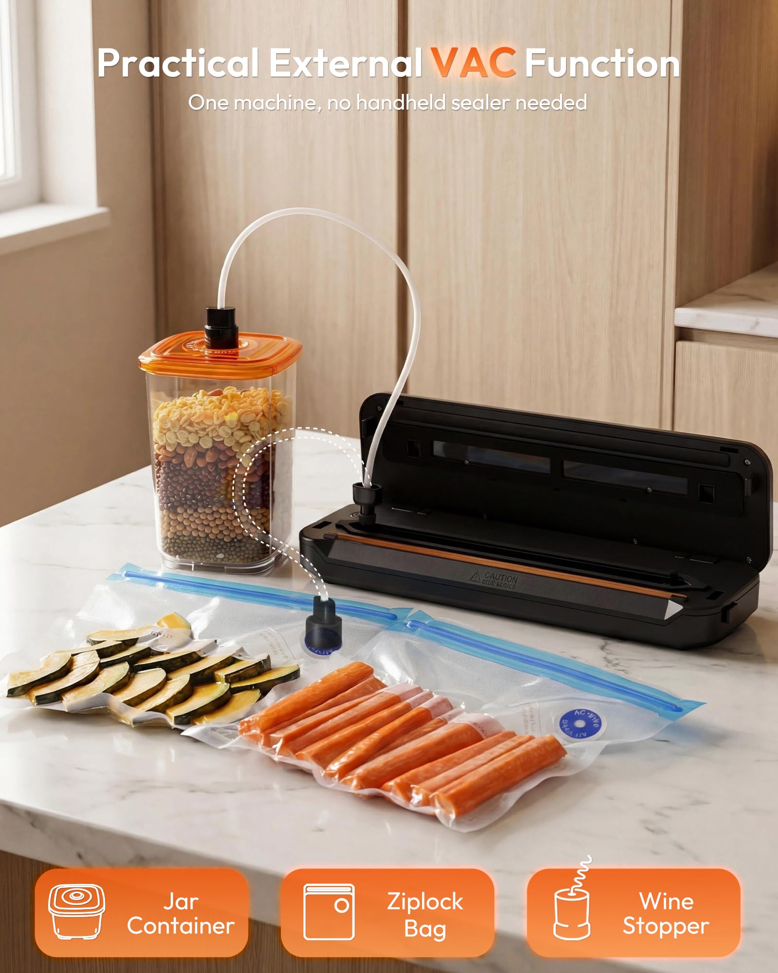 Toprime Vacuum Sealer external vacuum function with accessory hose connected to a jar container and zipper bags.