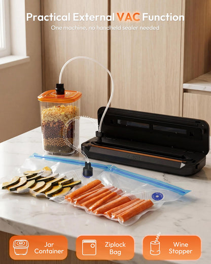 Toprime Vacuum Sealer external vacuum function with accessory hose connected to a jar container and zipper bags.