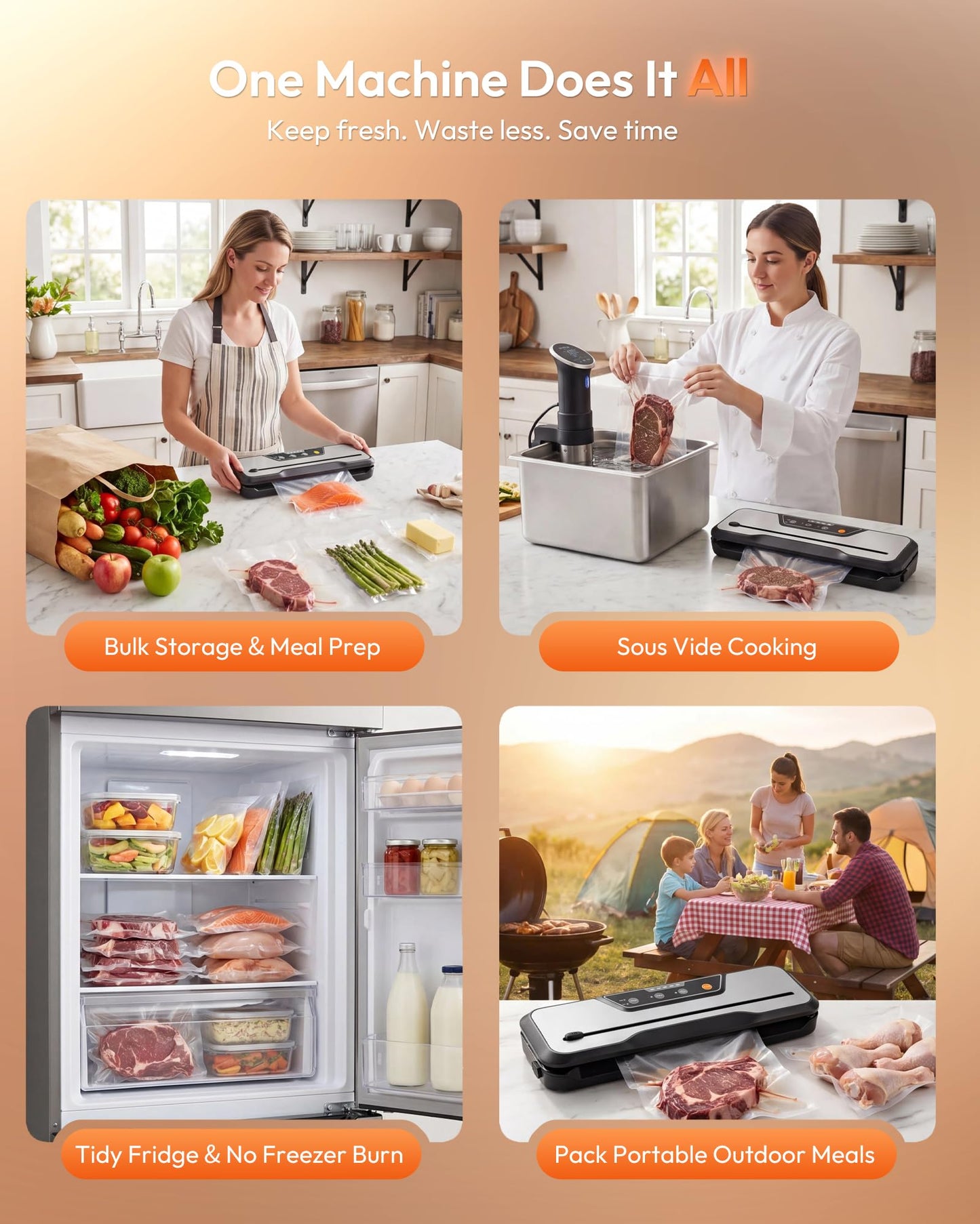 Toprime Vacuum Sealer multi-scenario uses showing bulk meal prep, sous vide cooking, tidy fridge organization, and outdoor camping meals