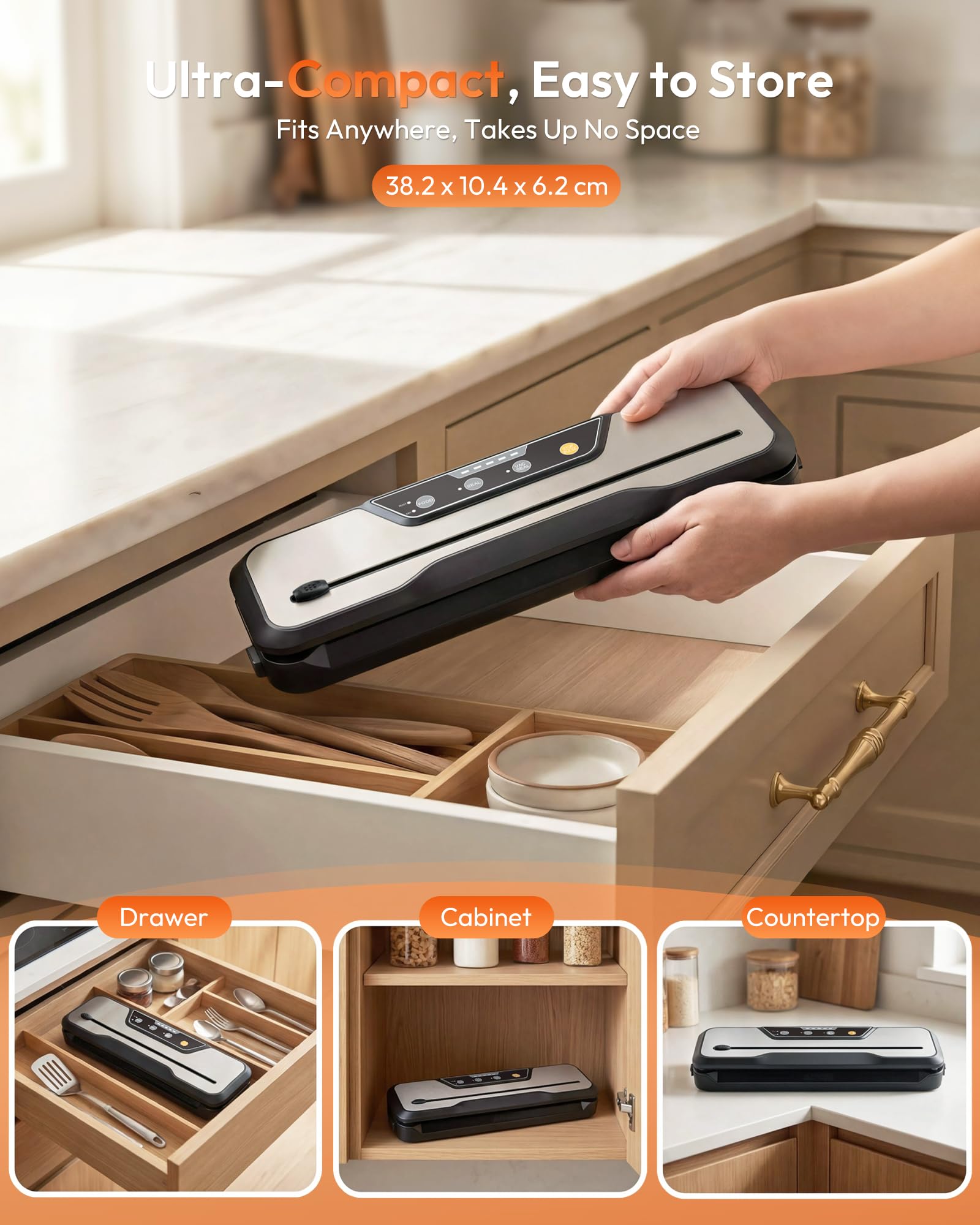 Toprime Vacuum Sealer compact size fitting in a kitchen drawer, cabinet, and countertop effortlessly.