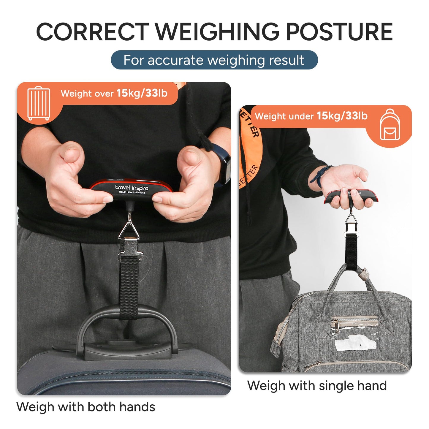 Informational graphic illustrating correct weighing posture using both hands for heavier luggage over 15kg or a single hand for lighter bags under 15kg