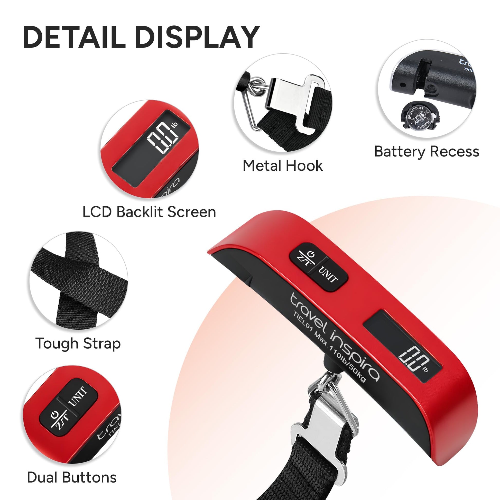 Detail display of the travel inspira digital luggage scale highlighting features including the LCD backlit screen, metal hook, battery recess, tough strap, and dual buttons