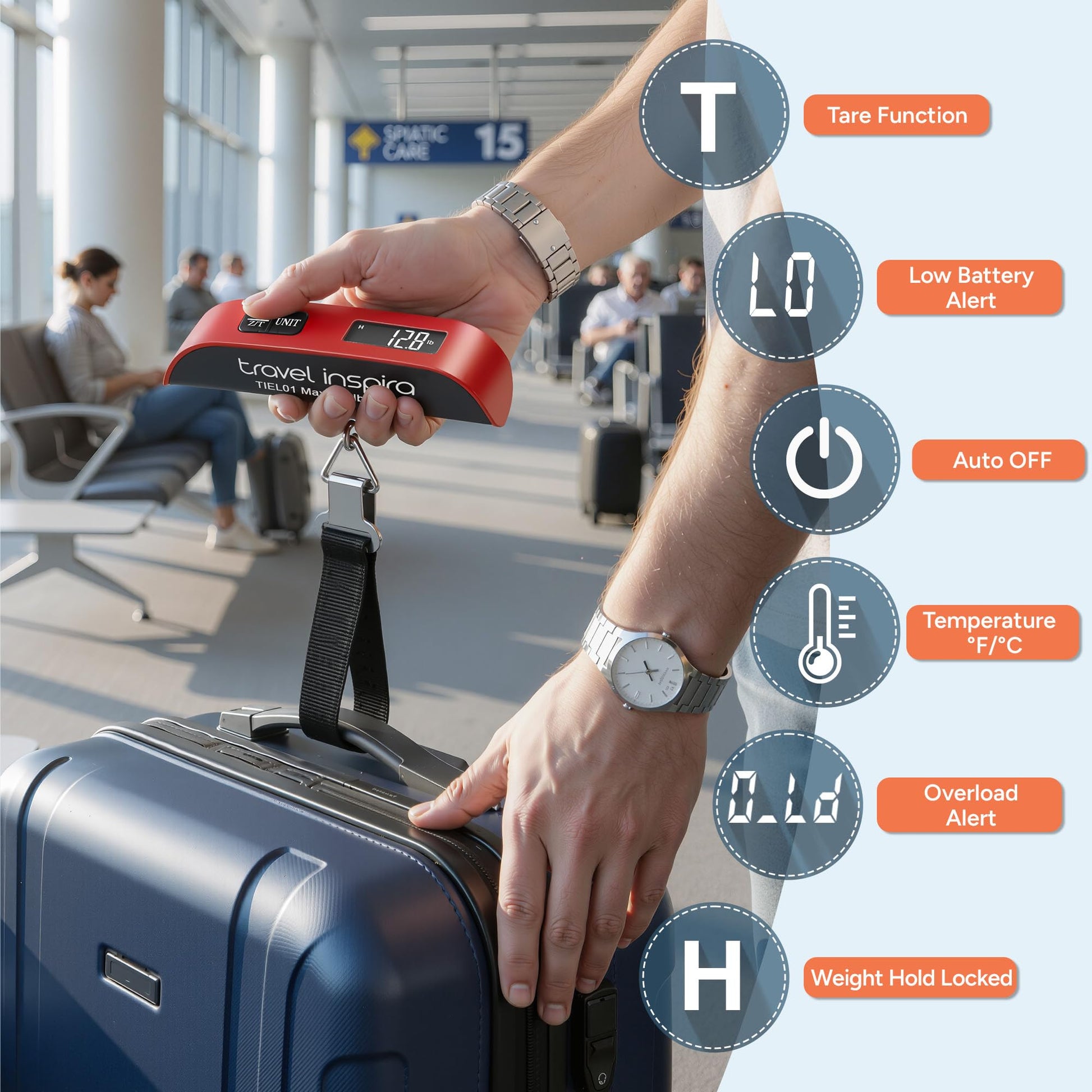 Hand lifting a suitcase with travel inspira portable hanging scale to avoid airport fees