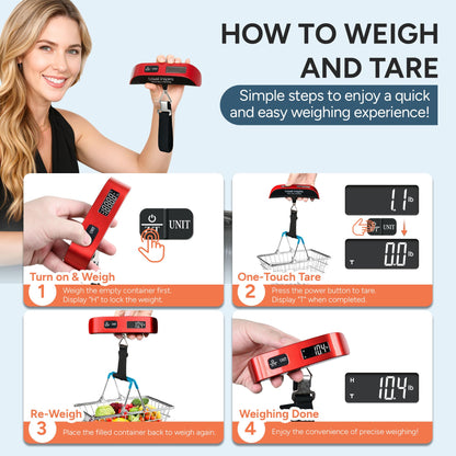 Informational graphic illustrating step-by-step instructions on how to turn on, weigh, tare, and re-weigh items using the travel inspira digital luggage scale